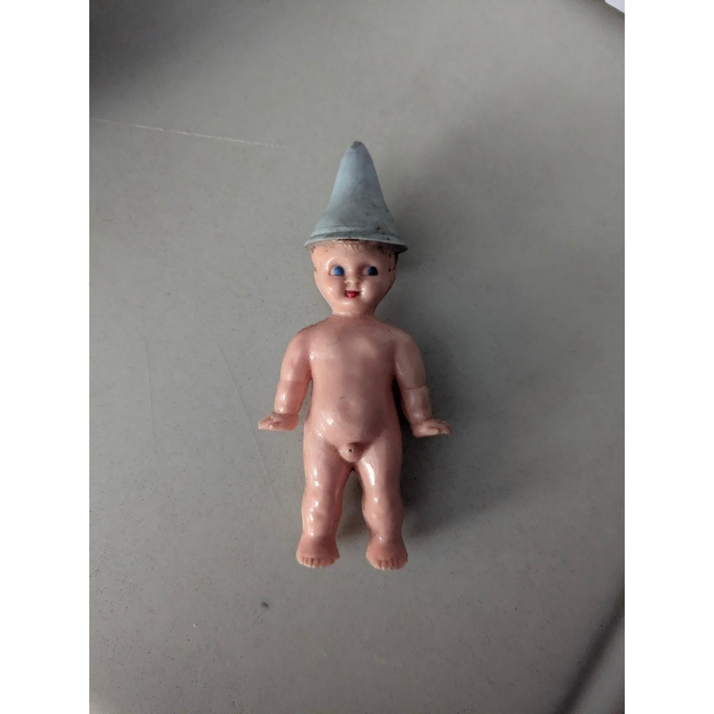 Vintage Miniature Plastic Kewpie Doll Cone Hat Blue Eyes Pink‎ Skin 3.5 Inch
